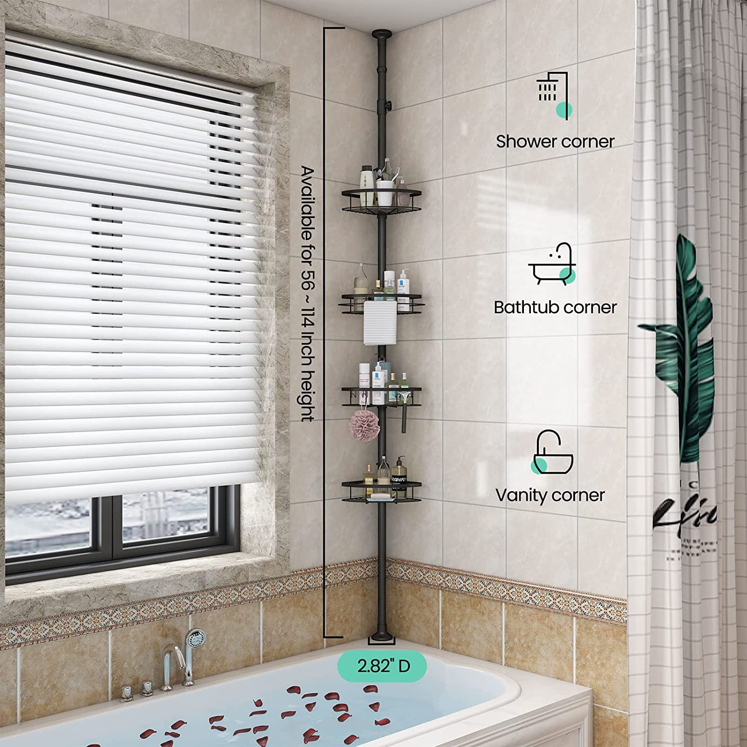 Stainless Shower Corner Caddy Organizer for Bathroom, Freestanding Tension  Pole