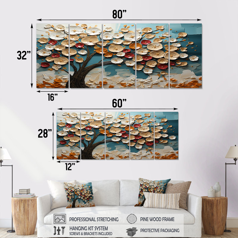 Art mural en forme de lune, arbre rouge et or, 5 pièces, H 28 po x l 60 po