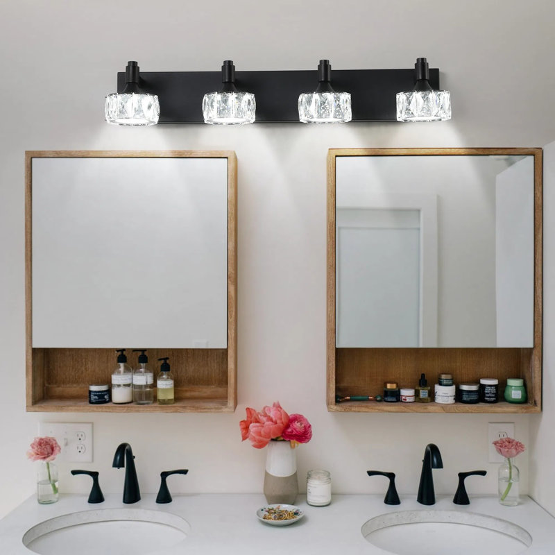 Luminaire de salle de bain moderne à 4 lumières à DEL noir mat avec abat-jour en cristal, applique murale de salle de bain pour un décor contemporain élégant