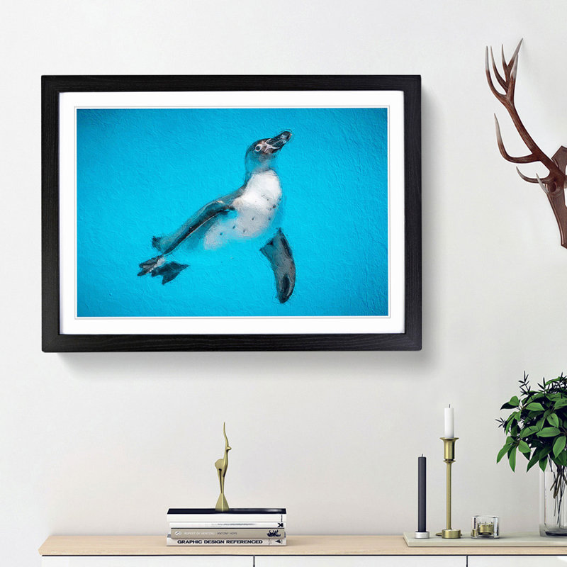 Swimming Penguin - Picture Frame Painting Print, 27cm H x 36cm W x 2cm D, Black Framed