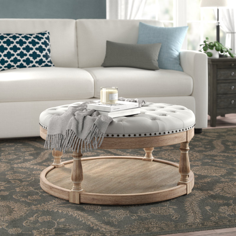 Ameliana Storage Ottoman with Button Tufting, Ivory Faux Leather