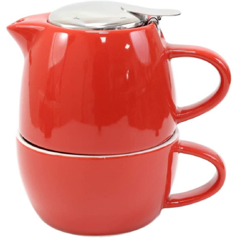 Ensemble de théière empilable Winston Porter en céramique contemporaine colorée 20 oz avec tasse assortie infuseur en acier inoxydable et couvercle comme ensemble de théière de décoration de salle à manger (noir brillant)