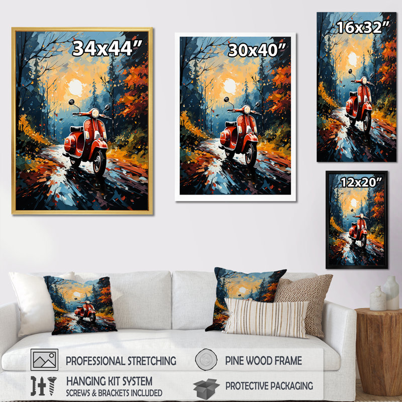 «Riding Scooter In The Country Autumn», reproduction sur toile, H 20 po x l 12 po x P 1 po, Cadre simple noir