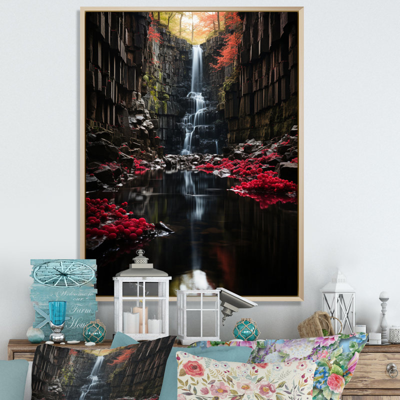 Chute grise et rouge de l'éternité III sur toile, Cadre naturel flottant, H 40 po x l 30 po x P 1,5 po