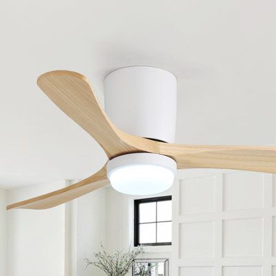 Kemp 42" Flush Mount 3-Solid Wood Blade Ceiling Fan Led Light, Silent Remote Control，White&Beige