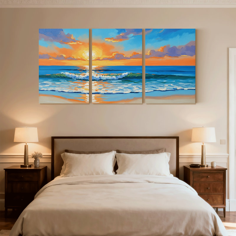 Nautique et plage coucher de soleil océan vagues plage ciel nuages réflexion sable ensemble de 3 impressions d'art sur toile