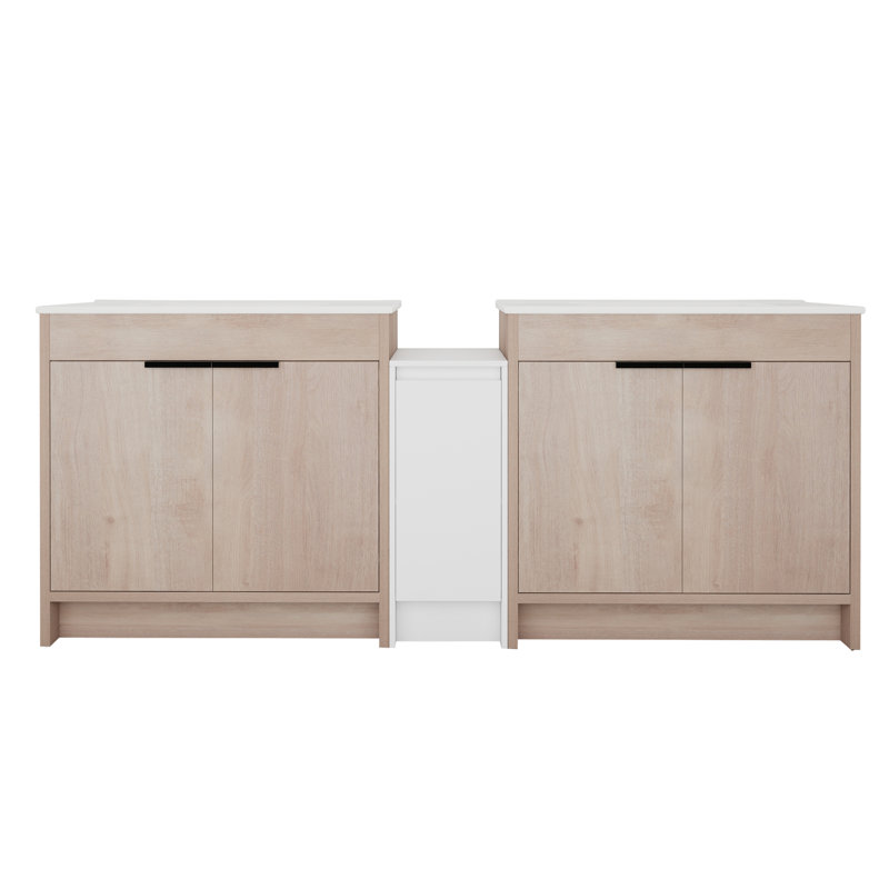Ensemble de meuble-lavabo double moderne: lavabo en céramique avec armoires de rangement doubles et système de porte à fermeture en douceur