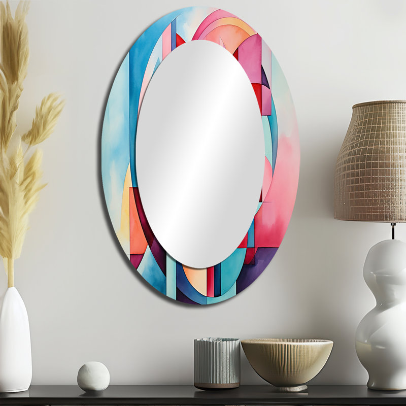 Spirale géométrique rose et bleue - Miroir mural moderne ovale, H 36 po x l 24 po