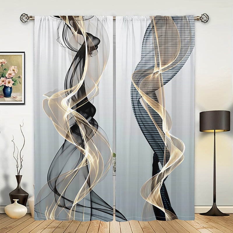 2Pcs Abstract Wave Curtains Rod Pocket Mount Digital Printing Black Gold Grey Sheer Polyester Material Modern Elegant Pattern Window Treatment for Living Room Bedroom Kitchen Home Decor