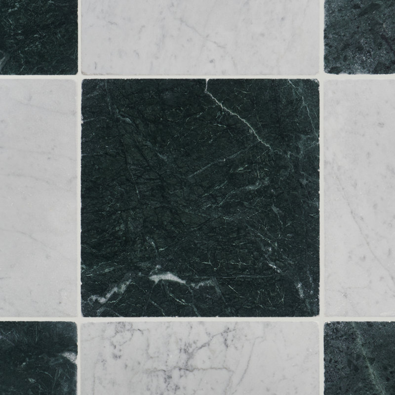 Avanti 12 In. X 12 In. Tumbled Marble Checkerboard Tile, Verde and Bianco Carrara