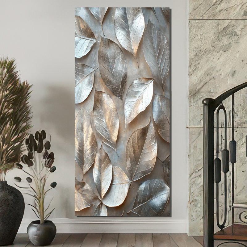 Copper Silver Pewter Leaves II - Leaves Framed Canvas Print, 60" H x 28" W, Wrapped Canvas, Does Not Apply