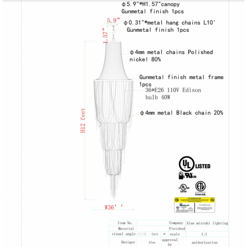 Chaîne noire claire suspendue pour l'extérieur, Nickel brossé, Nickel poli, 42" Wide x 150" Height