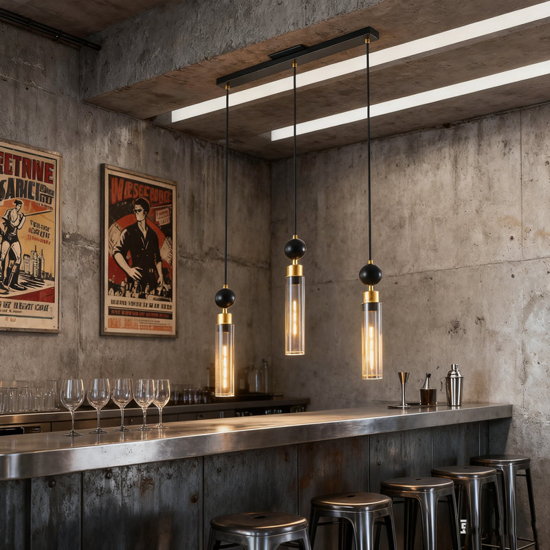 Lustre moderne, luminaire en fer noir et or - parfait pour l'éclairage domestique, câbles de suspension réglables, abat-jours cylindriques en mailles, douilles E26, câblé, style industriel (sans ampoules)