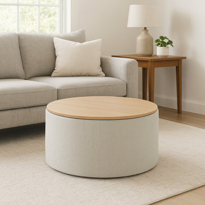 Mesy Storage Ottoman, 30 Inch Round Lift Tray Top, Woven Fabric