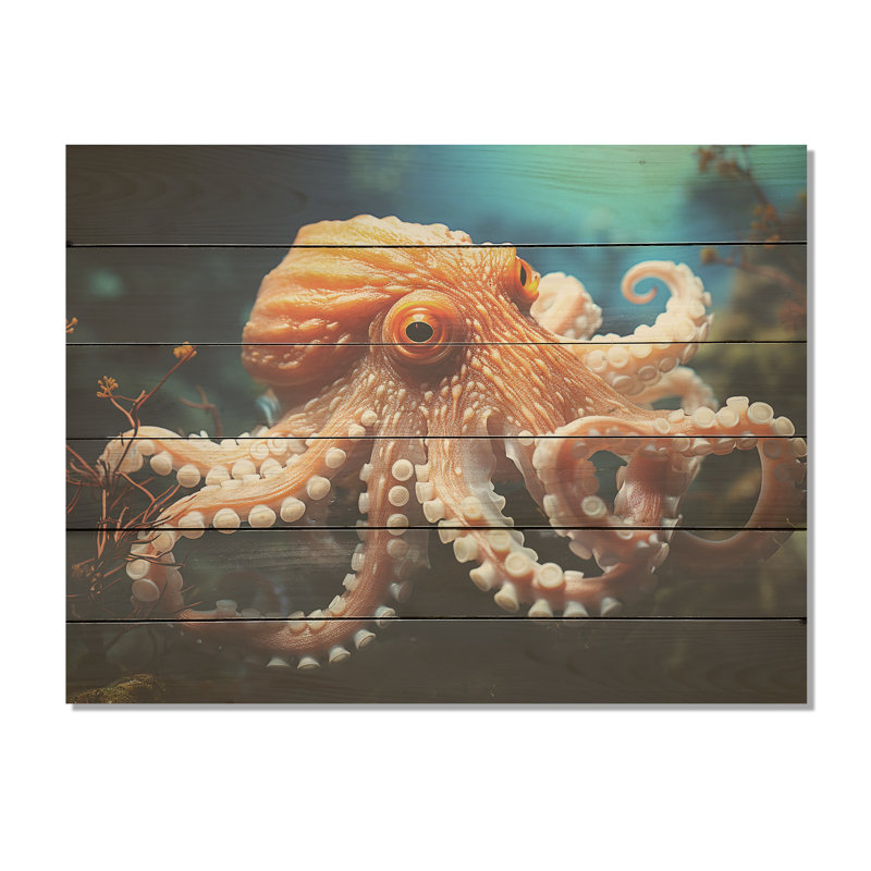 Pieuvre contemporaine sous-marine - Octopus / calmar, art sur bois de pin naturel, H 10 po x l 20 po