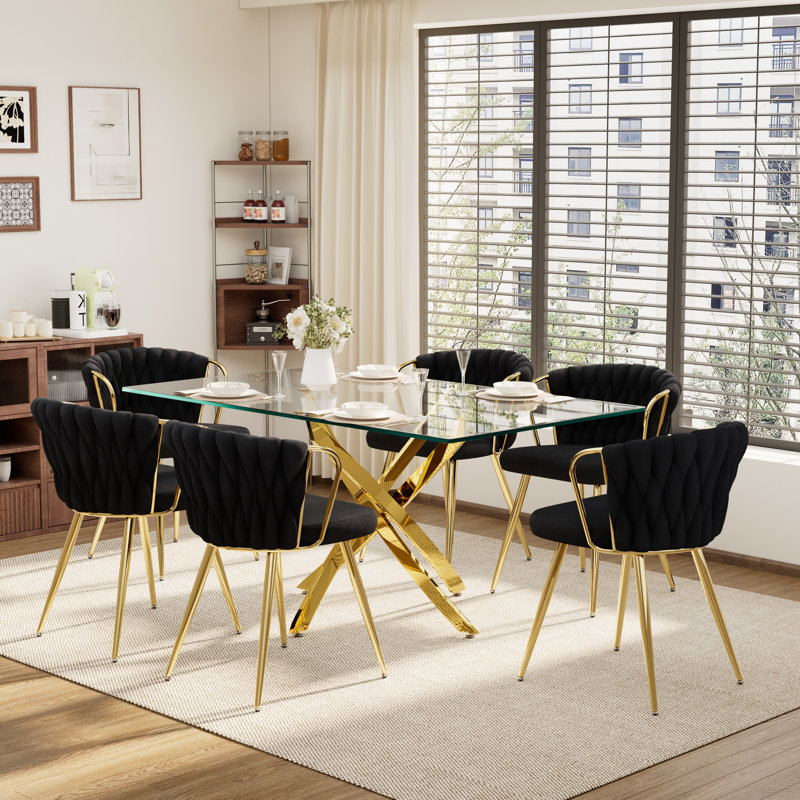 Ensemble de table à manger rectangulaire élégant pour 6 personnes, Noir, noir, noir, noir, Doré