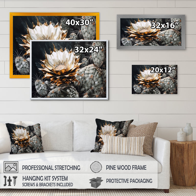 «Rozenia Yellow Gray Cactus», impression sur toile, H 12 po x l 20 po x P 1 po, Cadre flottant doré