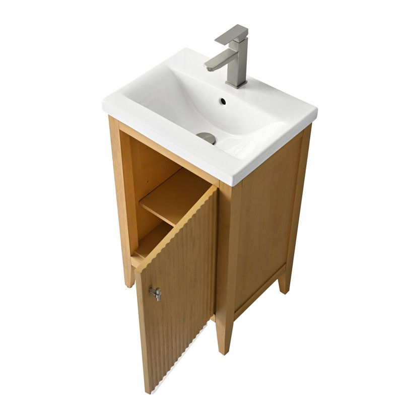 Laval 20" Single Sink Freestanding Bathroom Vanity with White Ceramic Top, Linear Natural Oak, Brushed Nickel, 20"