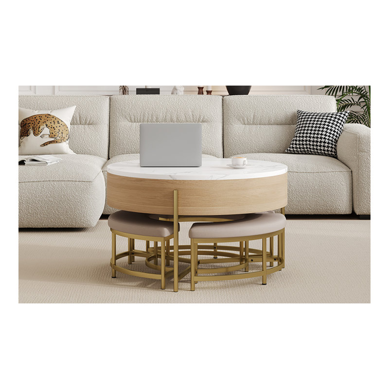 Modern Round Lift-Top Coffee Table With Storage & 3 Ottoman White & Natural, Natural