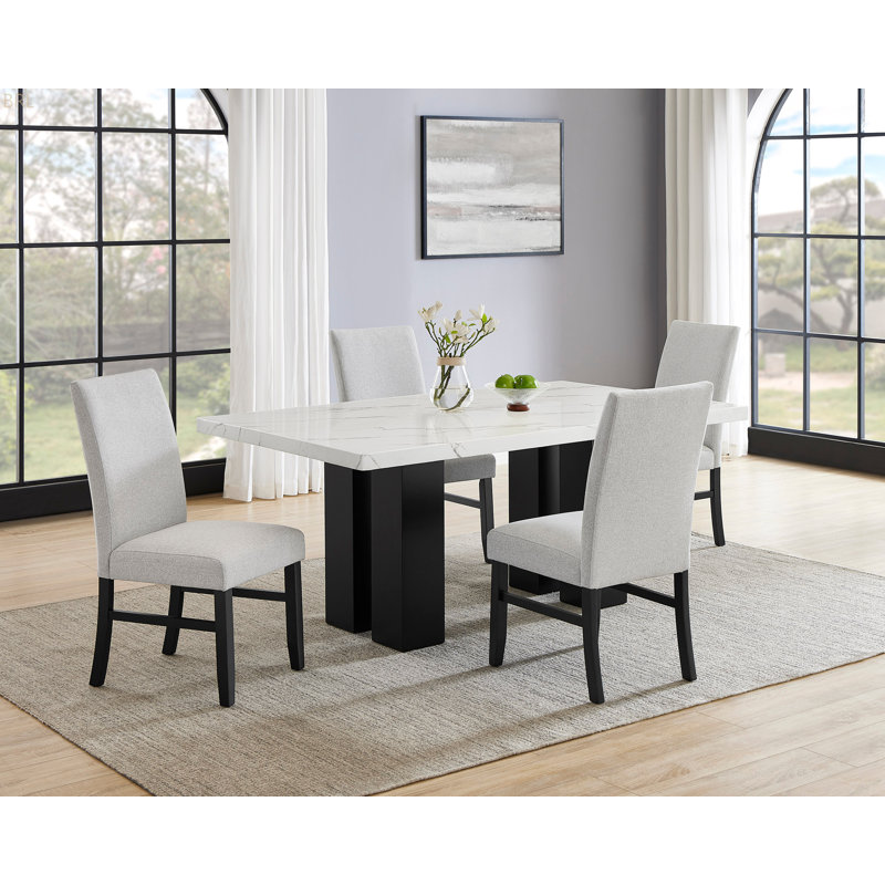 Mobilier de salle à manger en bois doux et rectangulaire, 5 pièces: table, 4 chaises