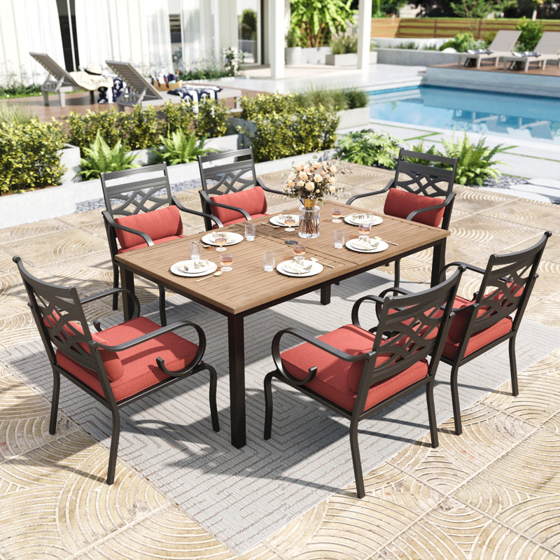 6 - Person Metal Patio Dining Set With Rectangular Table , Cushions Included, Red