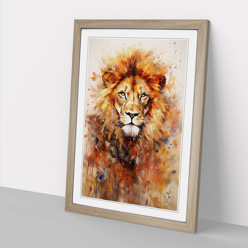 Lion Expressionism - Single Picture Frame Print on Wood, Oak Framed, 64cm H x 46cm W x 2cm D