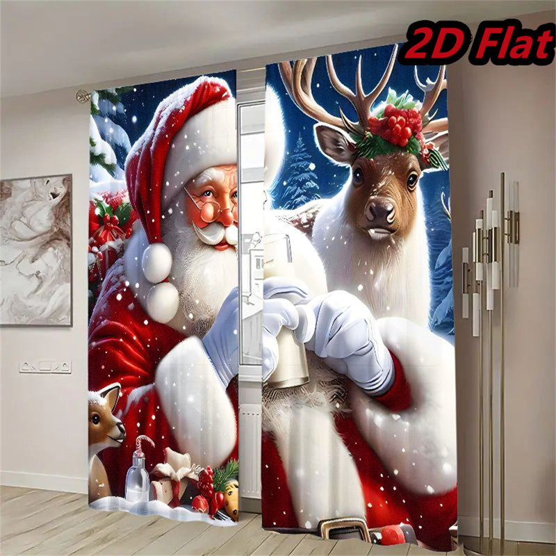 2Pcs Santa Claus and Reindeer Christmas Window Curtains - Festive Holiday Rod Pocket Panels with Snowy Winter Scene Light Filtering Polyester Drapes for Living Room Bedroom Kitchen Home Decor