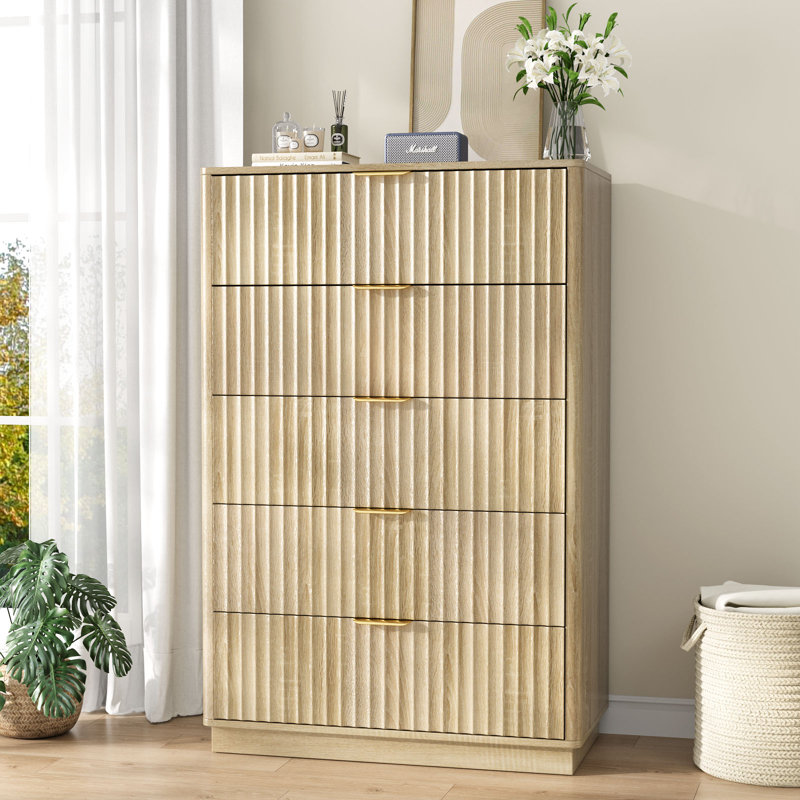 Commode 5 tiroirs l 31,5 po, commode en bois 5 tiroirs pour chambre à coucher, Chêne naturel