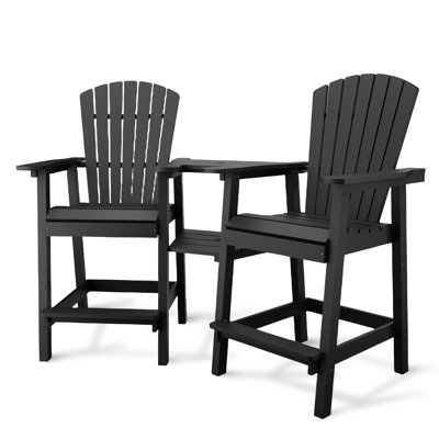 All-Weather Recycled Poly Adirondack Bar Stools Set of 2 – High Back, Connecting Tray, Built-in Footrest, Umbrella Hole, Outdoor Patio Chairs, 350lbs Capacity – Black