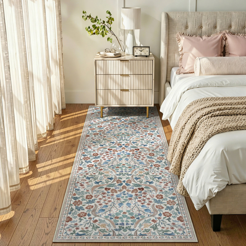 Tapis lavable à motif floral Kaldi, Tapis de couloir 2 pi x 6 pi, Beige
