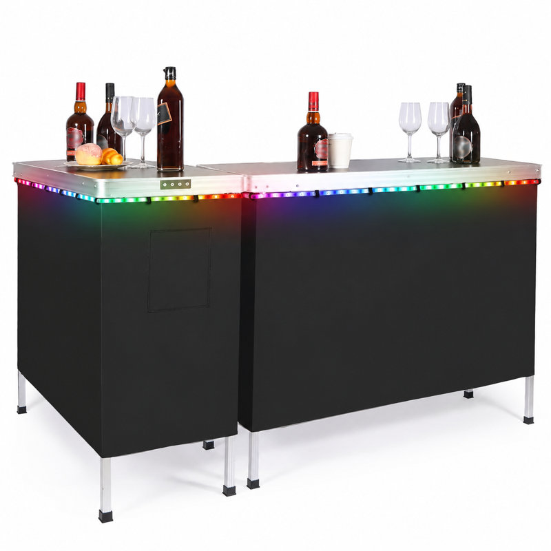 Ensemble de 2 tables de bar pliantes portatives avec lumières DEL et tablette de rangement, noir, 2-Pack (Set of 2)