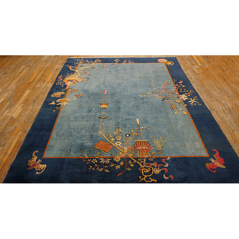 1920s Rectangle Hand Knotted Pile Wool Floral Antique Blue Rug