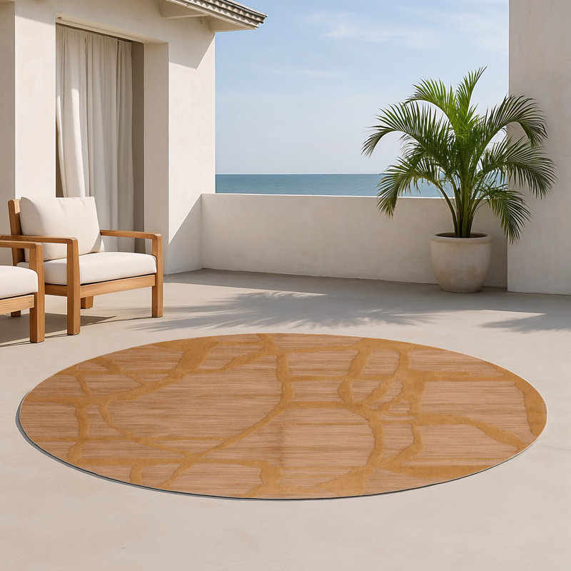 Tapis brun abstrait intérieur et extérieur, Rond 5 pi