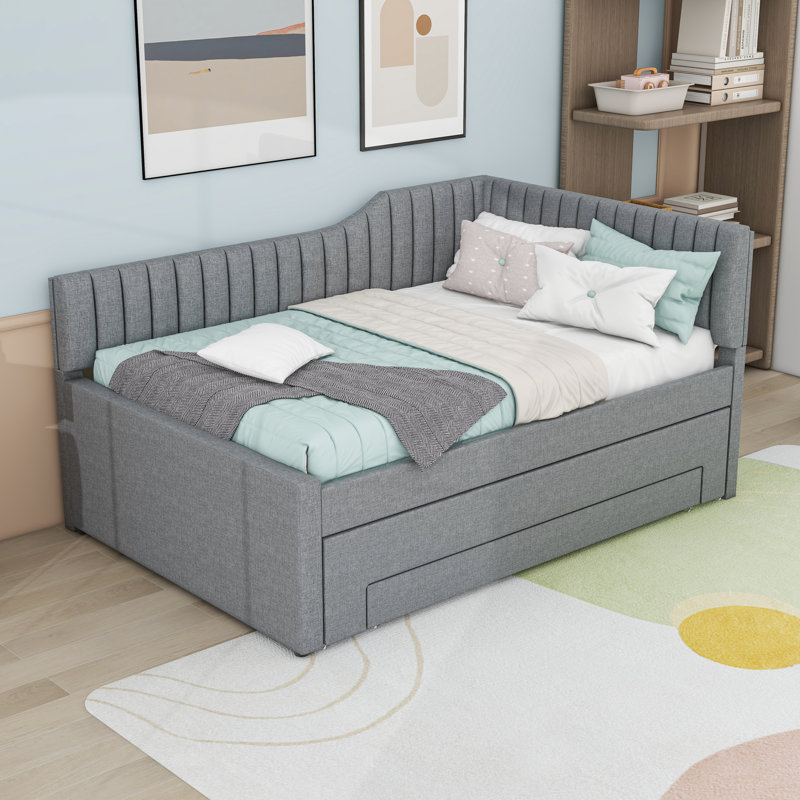 Multifunctional Linen Upholstered Daybed with Twin Trundle and Drawers, Gray, Full/Double
