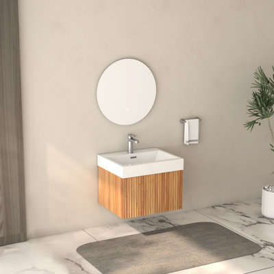 Meuble-lavabo flottant mural 24 po avec lavabo, finition, style minimaliste moderne pour salles de bain compactes, espace, contreplaqué, poignées biseautées lisses, installation facile en couleur, lavabo intégré,