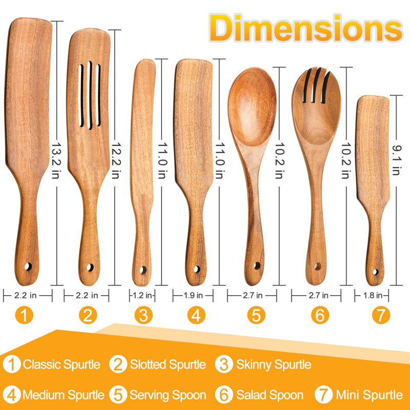 Natural Acacia Wood 7-Piece Spurtle Cooking Utensil Set