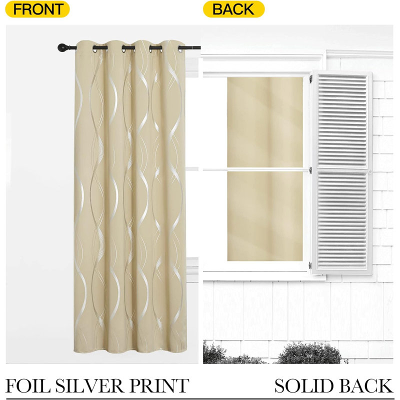 Blackout Striped Pattern Curtains, Treatment Thermal Insulated Solid Grommet Blackout Wave Line Foil Print Design Curtains for Living Room (Set of 2, 52 by 84 Inch, Biscotti Beige)