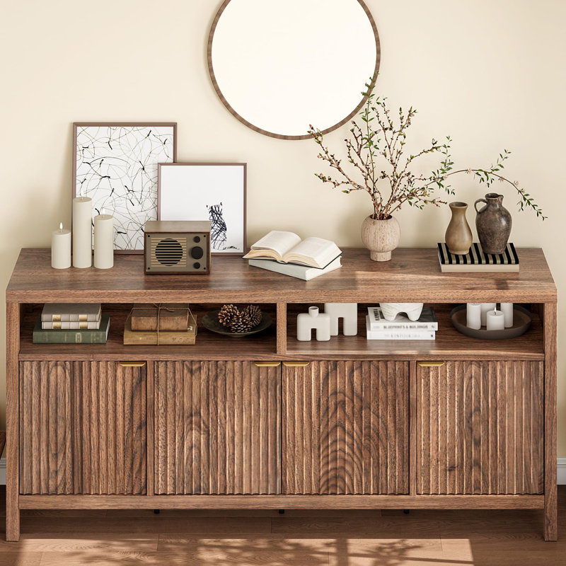 65.8" Fluted sideboard Adjustable 3-Tier with Fluted Doors and Gold Handle for Kitchen, Entryway, Dining Room, Brown
