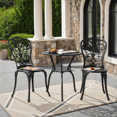 Ensemble bistro d'extérieur 3 pièces, fonte d'aluminium antirouille avec motif floral décoratif