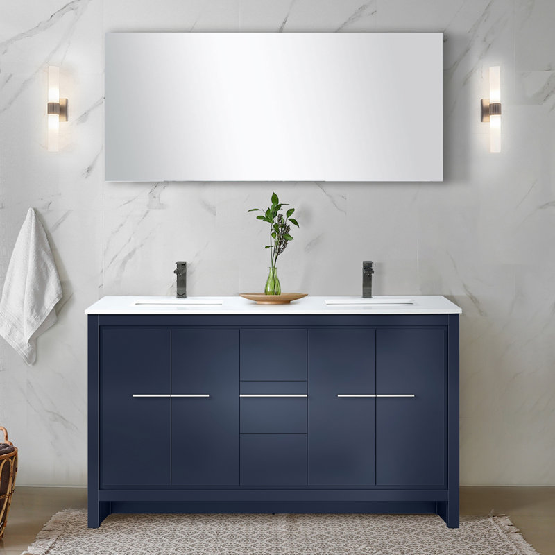 Meuble-lavabo double l 60 po x P 20 po, comptoir en quartz, robinet et miroir de 55 po, Blanc / bleu marine / argent