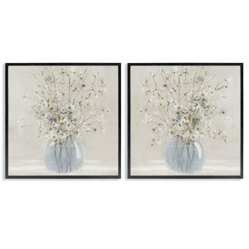 Ensemble de 2 giclées encadrées délicates avec vase en verre délicat, design par Carol Robinson, H 12 po x l 12 po