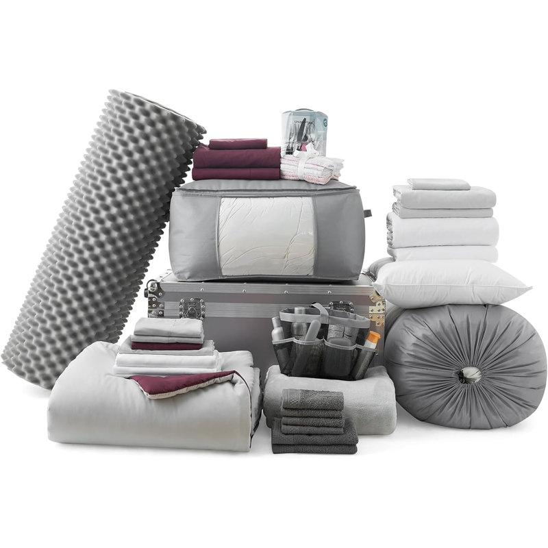 DormCo Packs 42 Piece Complete College Dorm Reversible Bedding Package, Gray/Red