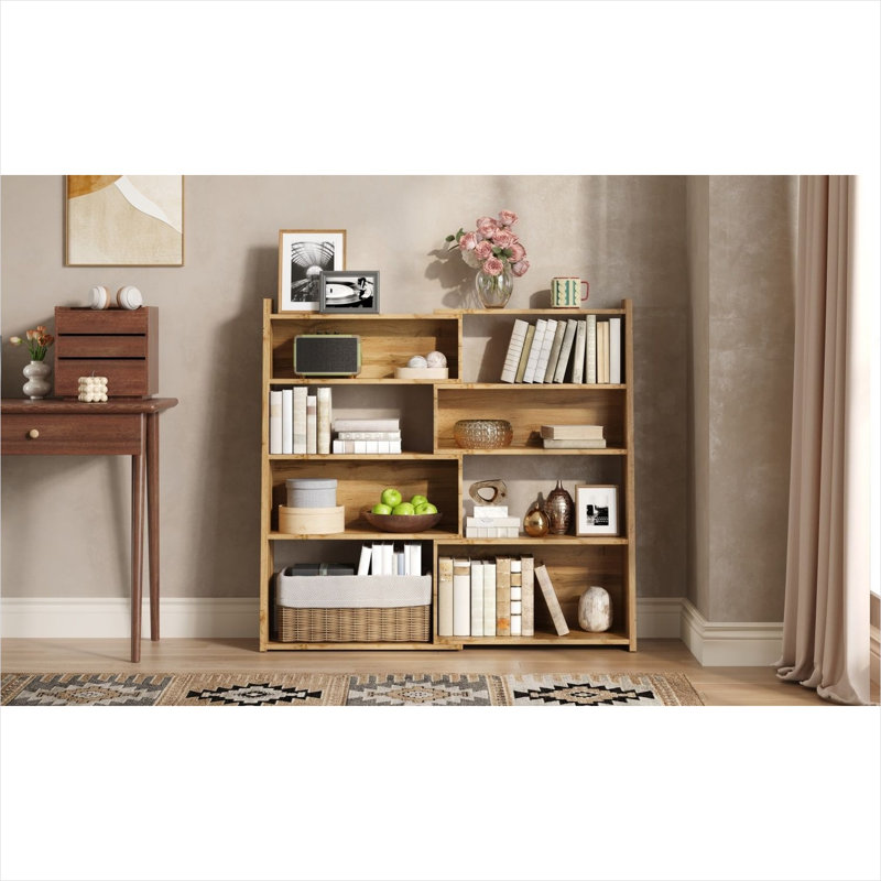 Bibliothèque autoportante en bois massif en forme de L, à quatre niveaux et extensible en deux parties, idéale pour le rangement et l'exposition en angle.