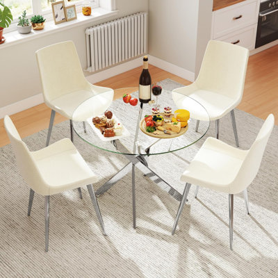 Table de salle à manger en verre avec pieds en métal argenté, plateau de table rond en verre trempé de 35,5 po, table de salle à manger moderne en verre circulaire pour le bureau d'un appartement
