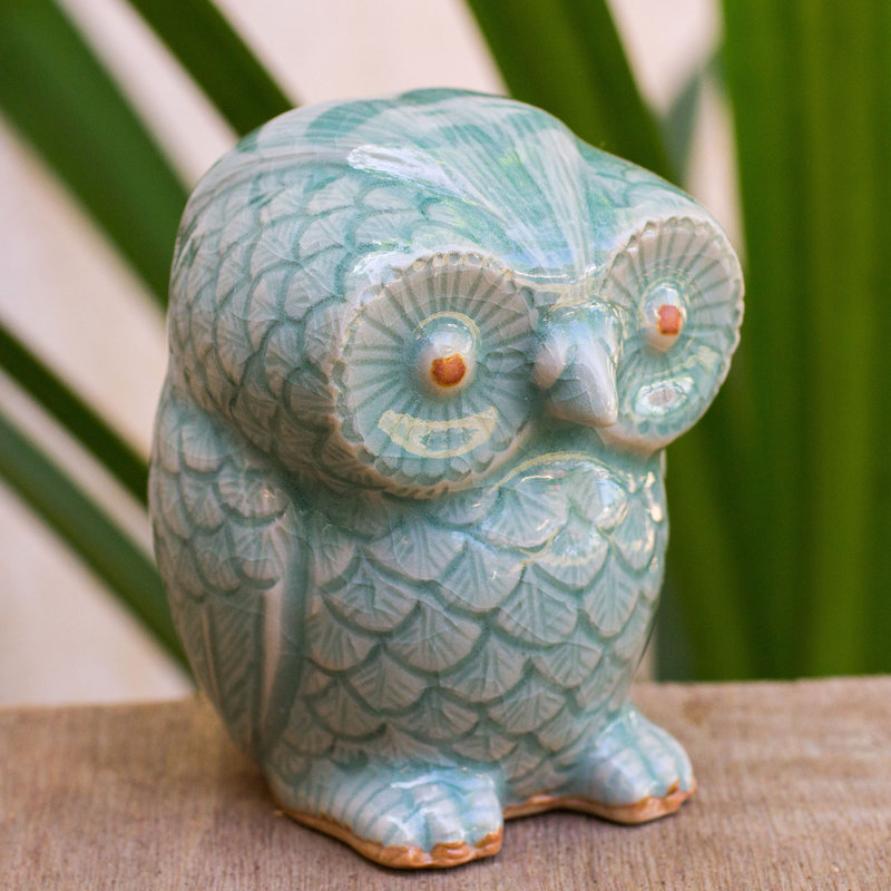 Figurine hibou en céramique blue celadon Rami