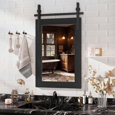 Farmhouse Bathroom Mirror, Rustic Wood Framed Wall Mounted, Black Vintage Vanity Mirror with High-Definition Reflection