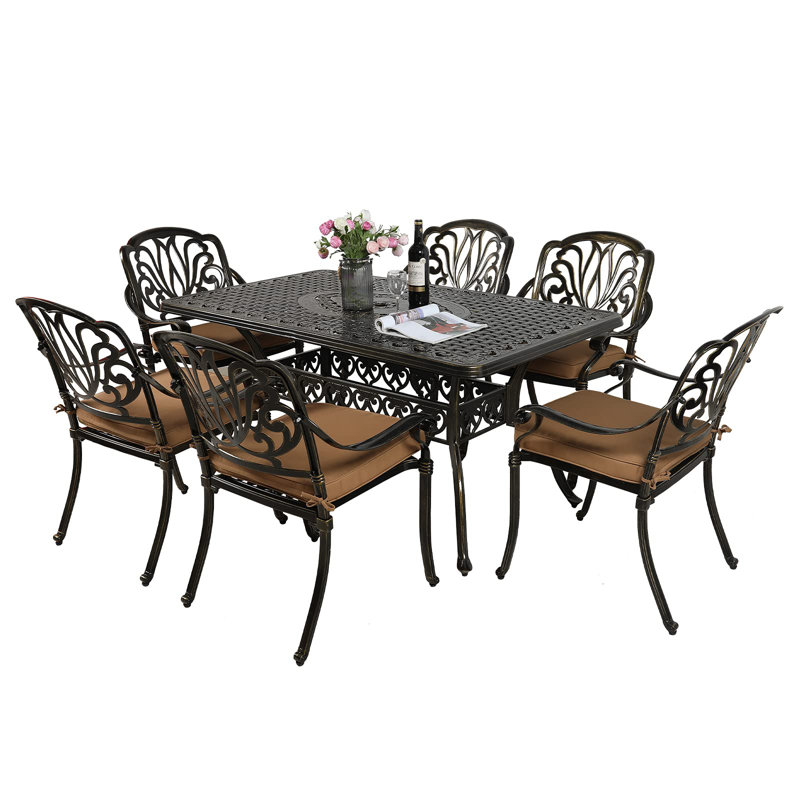 6 - Person Patio Dining Set Umbrella Hole Included Rectangular Table with Cushions Included