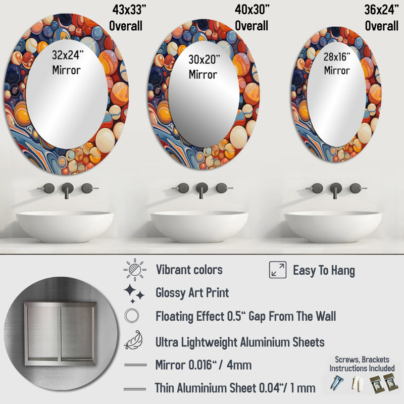 Mystical Marbles I - Miroir mural ovale moderne orange, 36 po x 24 po