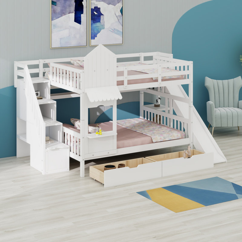 Lit superposé de style château avec tiroirs, tablettes et glissoire, Blanc