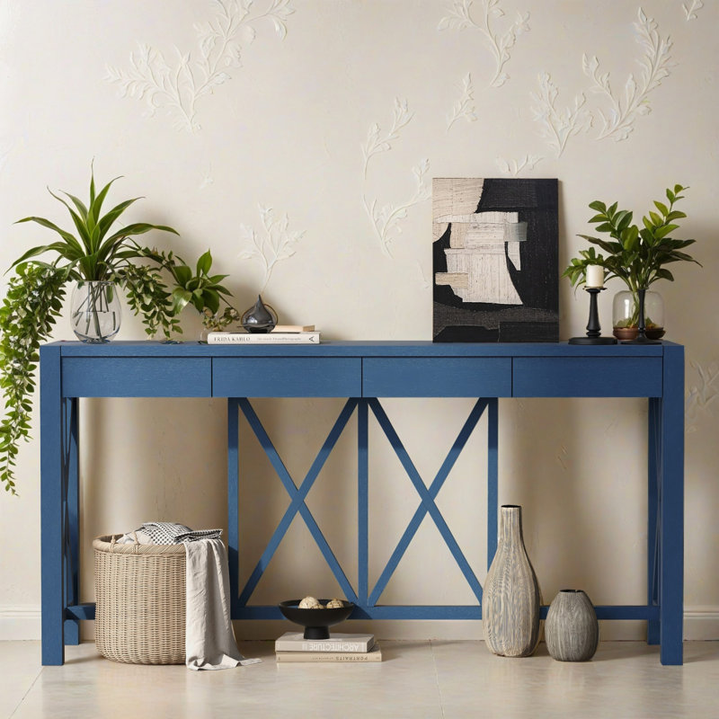 Console en placage d'acacia 60,11 po avec 4 tiroirs, canapé de hall d'entrée de style moderne Crisscross pour le salon, le couloir